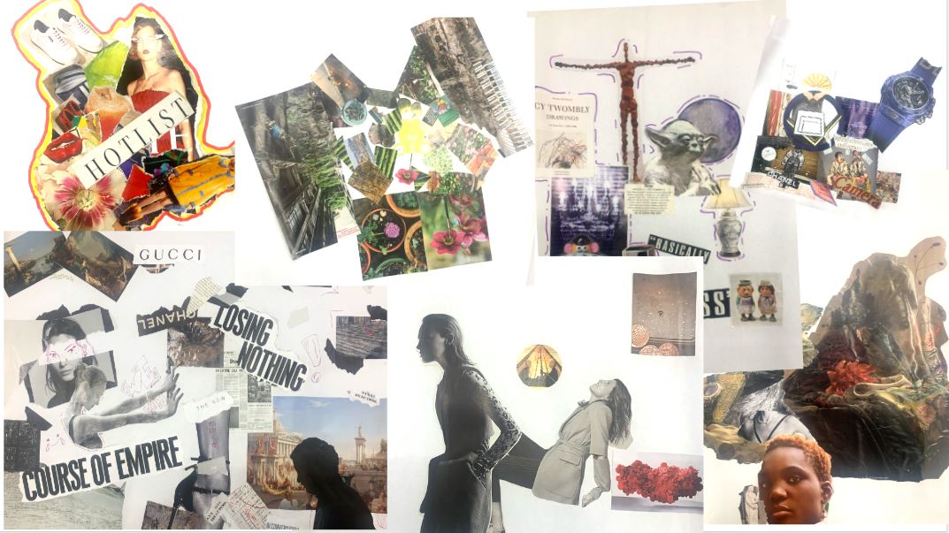 A collage artwork featuring images from fashion magazines, newspaper headlines, flowers, watches and old paintings.