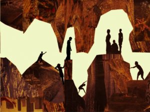 A brown and yellow collage of silhouetted figures. The people stand and move on jagged rocks. 