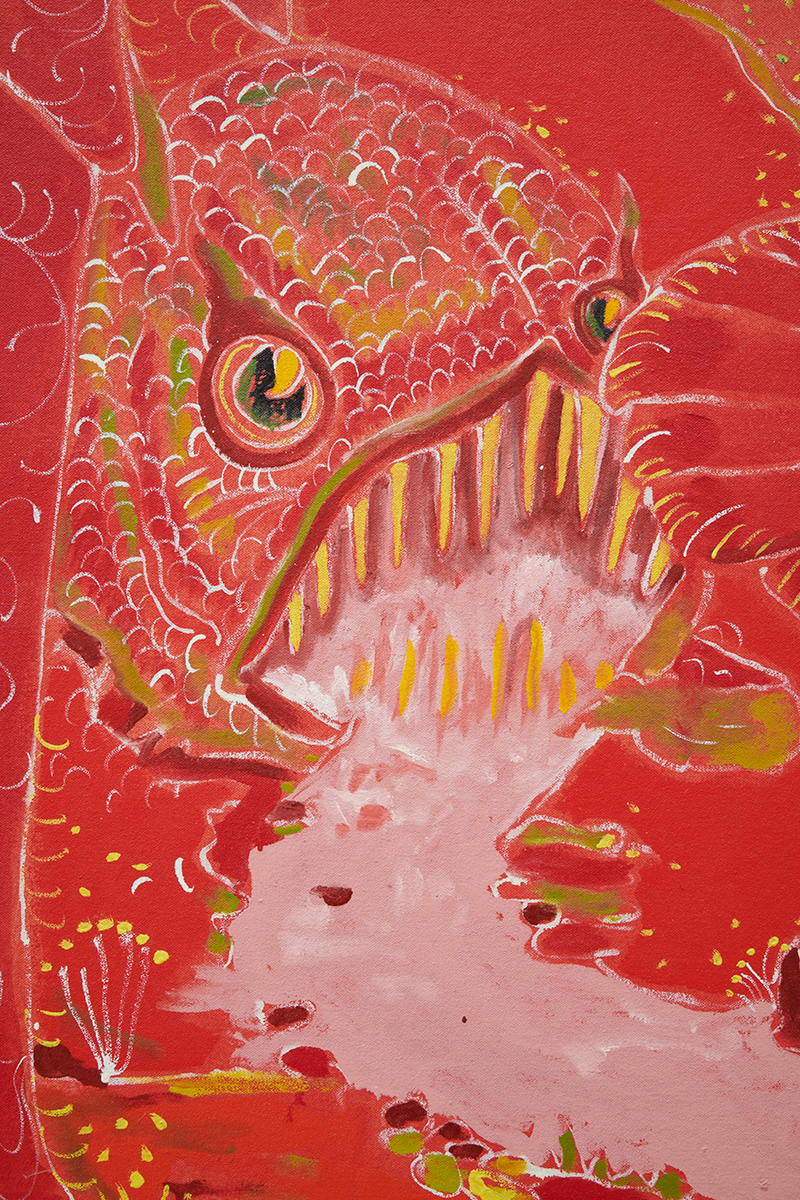 Close-up painting of a stylised fish against a vivid red background. The fish has large, round eyes and an open mouth lined with sharp yellow teeth. Its body is covered in textured, scale-like patterns in red, white and hints of green, with expressive, loose brushstrokes and small decorative marks scattered around the composition. 