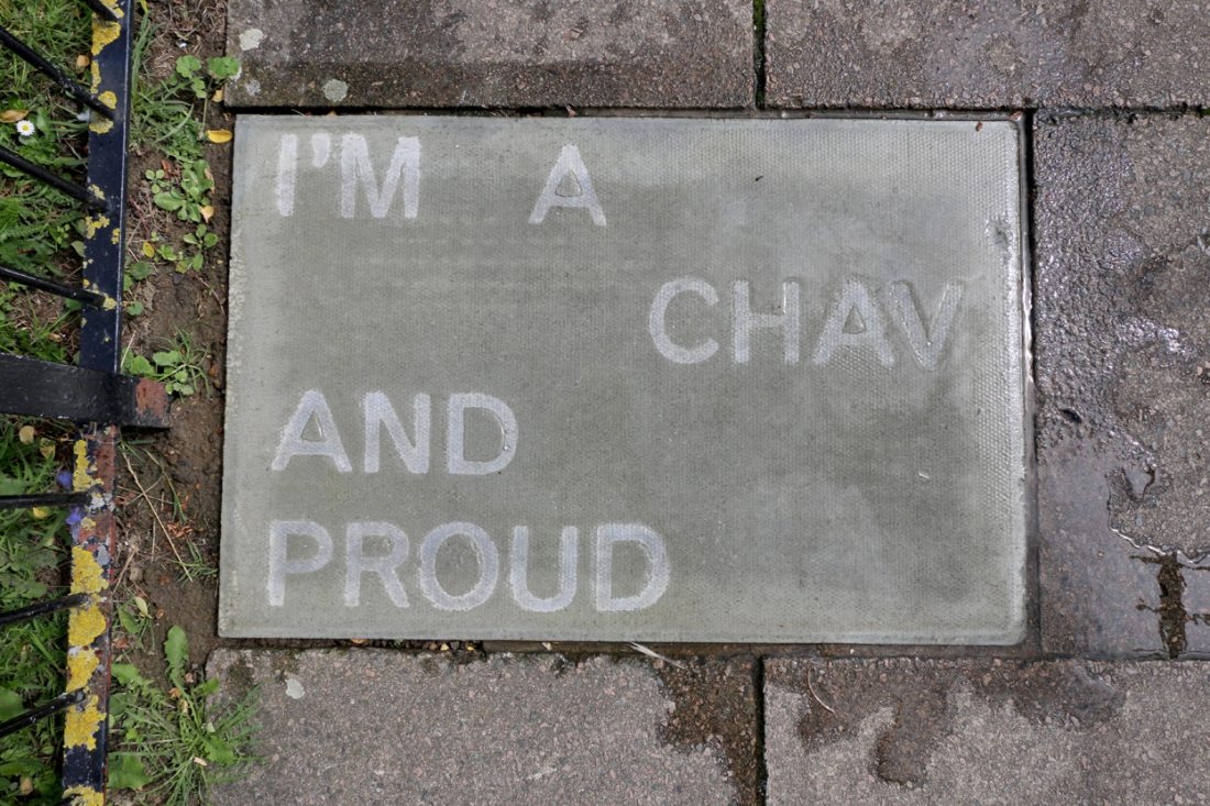 <p>Jessie Brennan, <em>I’m a chav and proud, </em>2017, text in water-repellent spray, (words by Jenny), temporarily sited on Pelican Estate. Photo: Jessie Brennan</p>