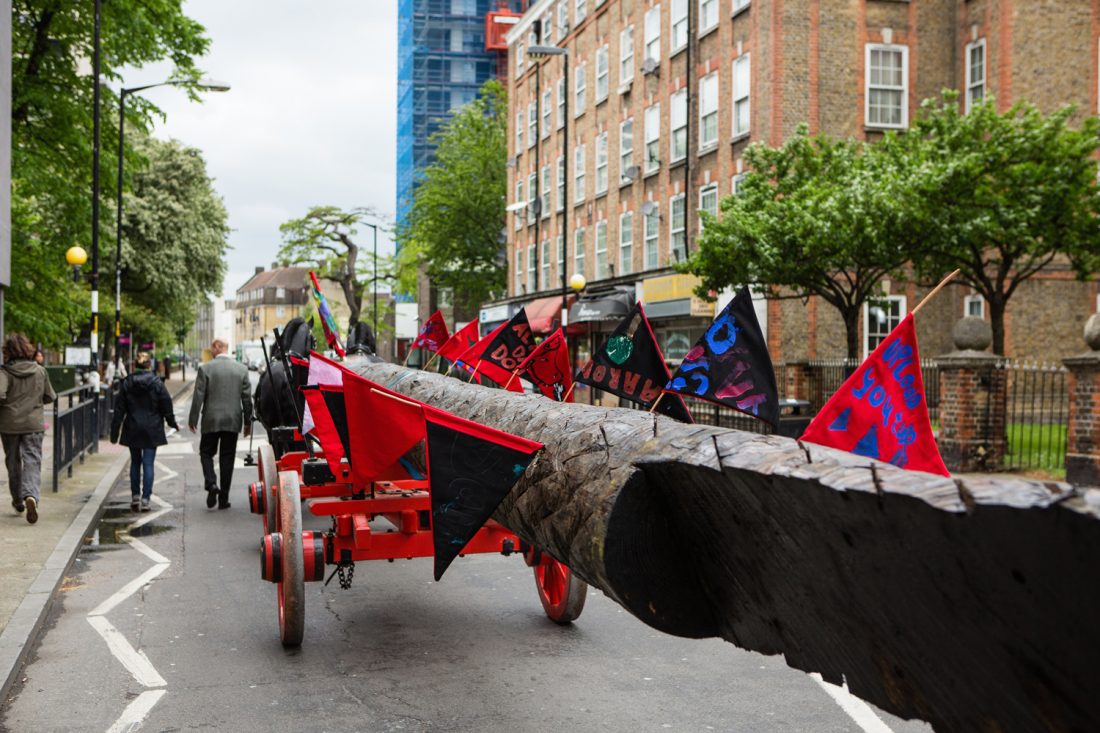 <p>The tree transported by students through Camberwell as part of Heather and Ivan Morison’s <em>Shadow Curriculum</em>, 2013-2015. Photo: Wig Worland</p>