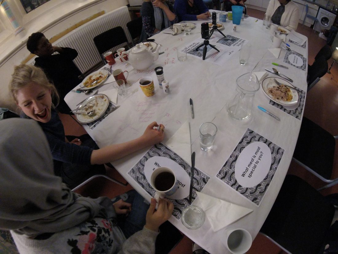 <p>Image: the group enjoy a meal at the Copleston Centre, image: Anna Merryfield and Shamica Ruddock, <em>The Archive is Personal</em>, 2018</p>
