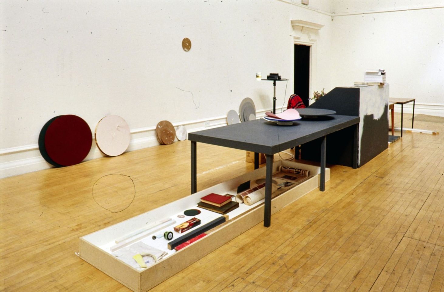 Installation view of Joelle Tuerlinckx&#8217;s 2002 exhibition In Real Time: Space Parts, Solar Room, Night Cabin .
