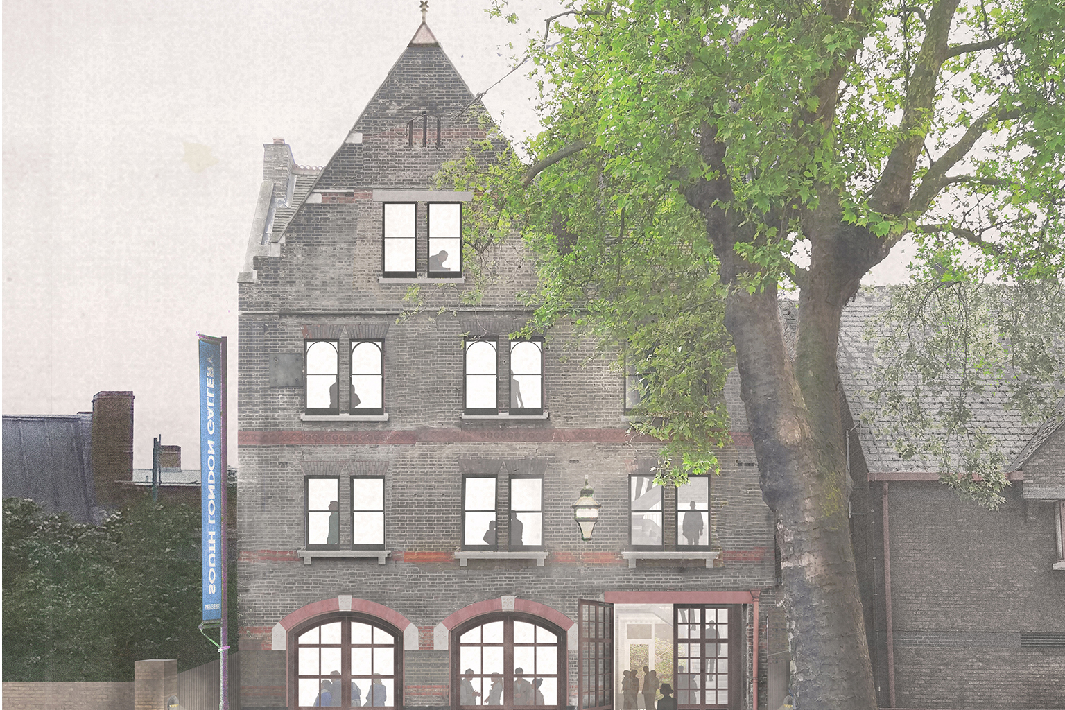 The image is of the Peckham Road Fire Station. there are silhouettes of people in the windows.