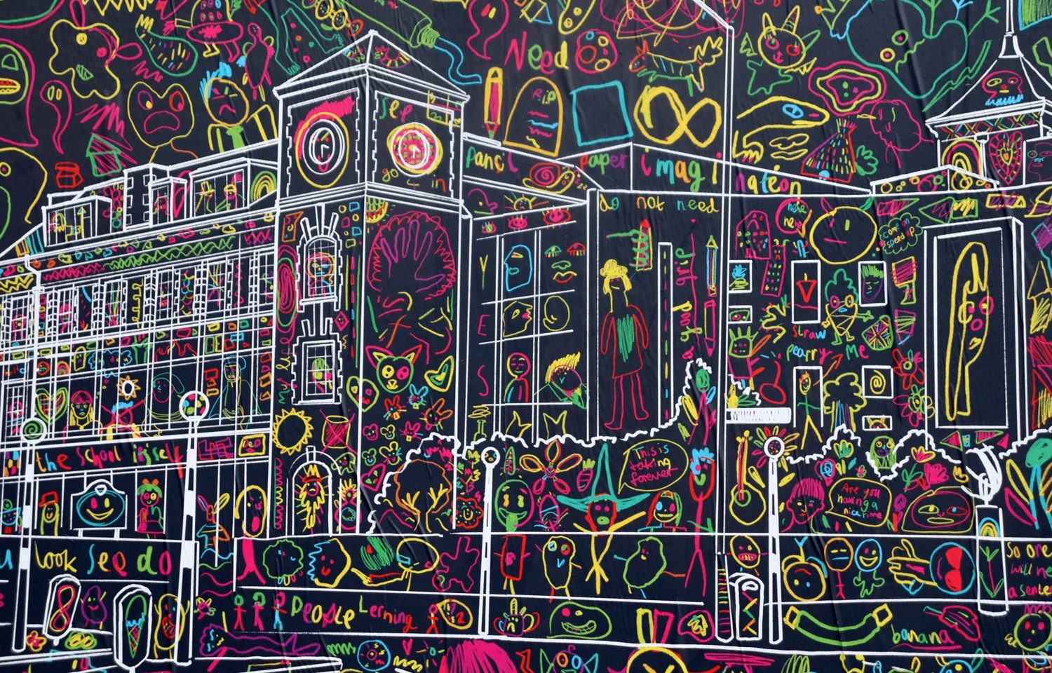 A drawing of Oliver Goldsmiths primary school on a black background, overlaid with brightly coloured drawings of people and animals and swirly lines