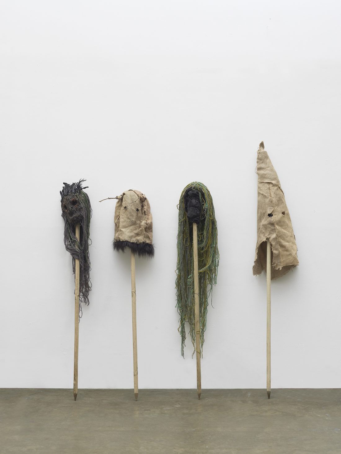 <p>Carrie Grainger, <em>The forest has eyes</em>, 2017, Hessian, wood, yarn, plaster, hot melt, horse hair, feathers, twigs and soil, 200 x 180cm x 30 cm (each)</p>
