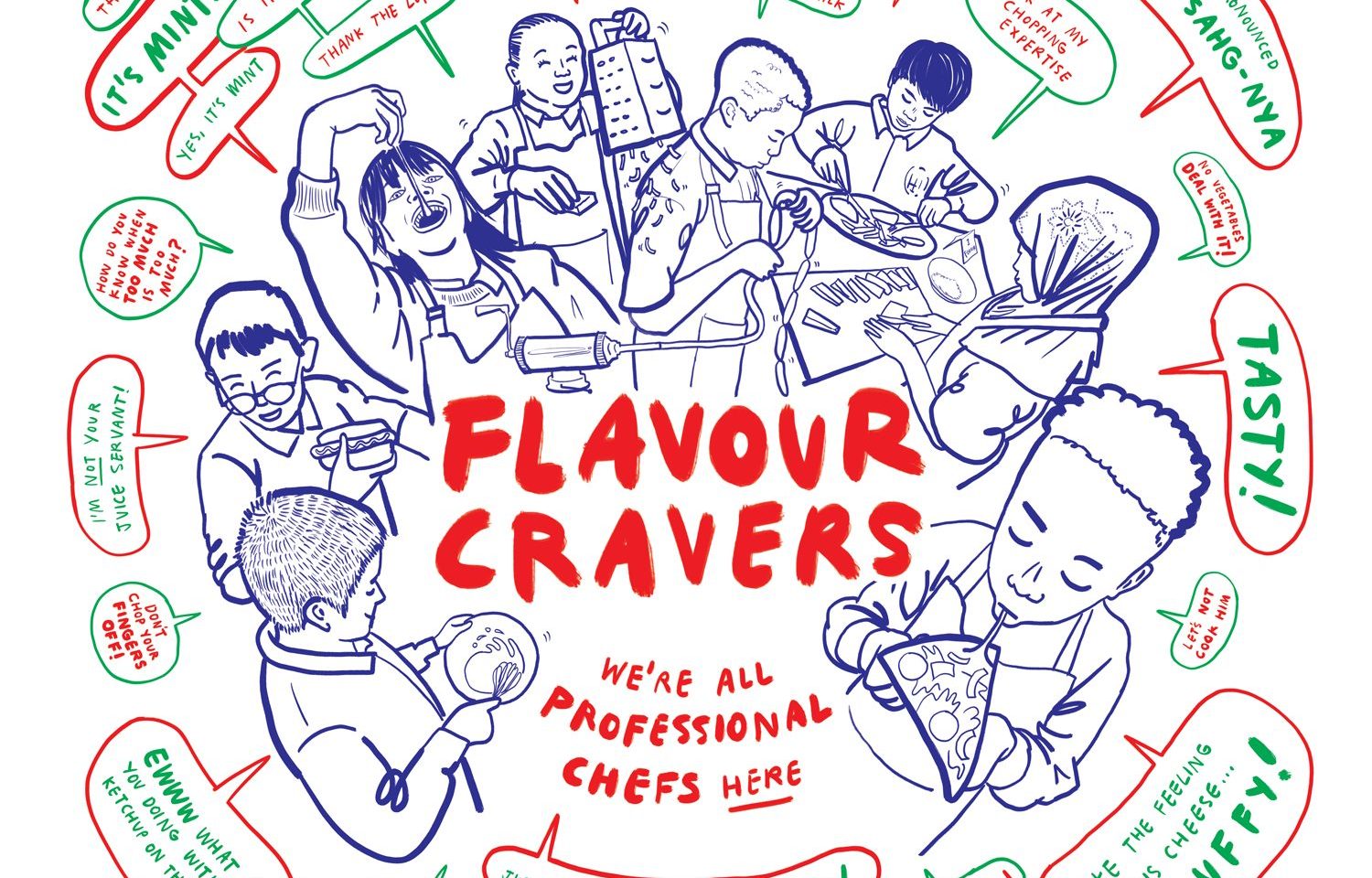 An illustration of the children from the Big Family Press and Flavour Cravers project, eating food, with speech bubbles sharing quotes from the sessions