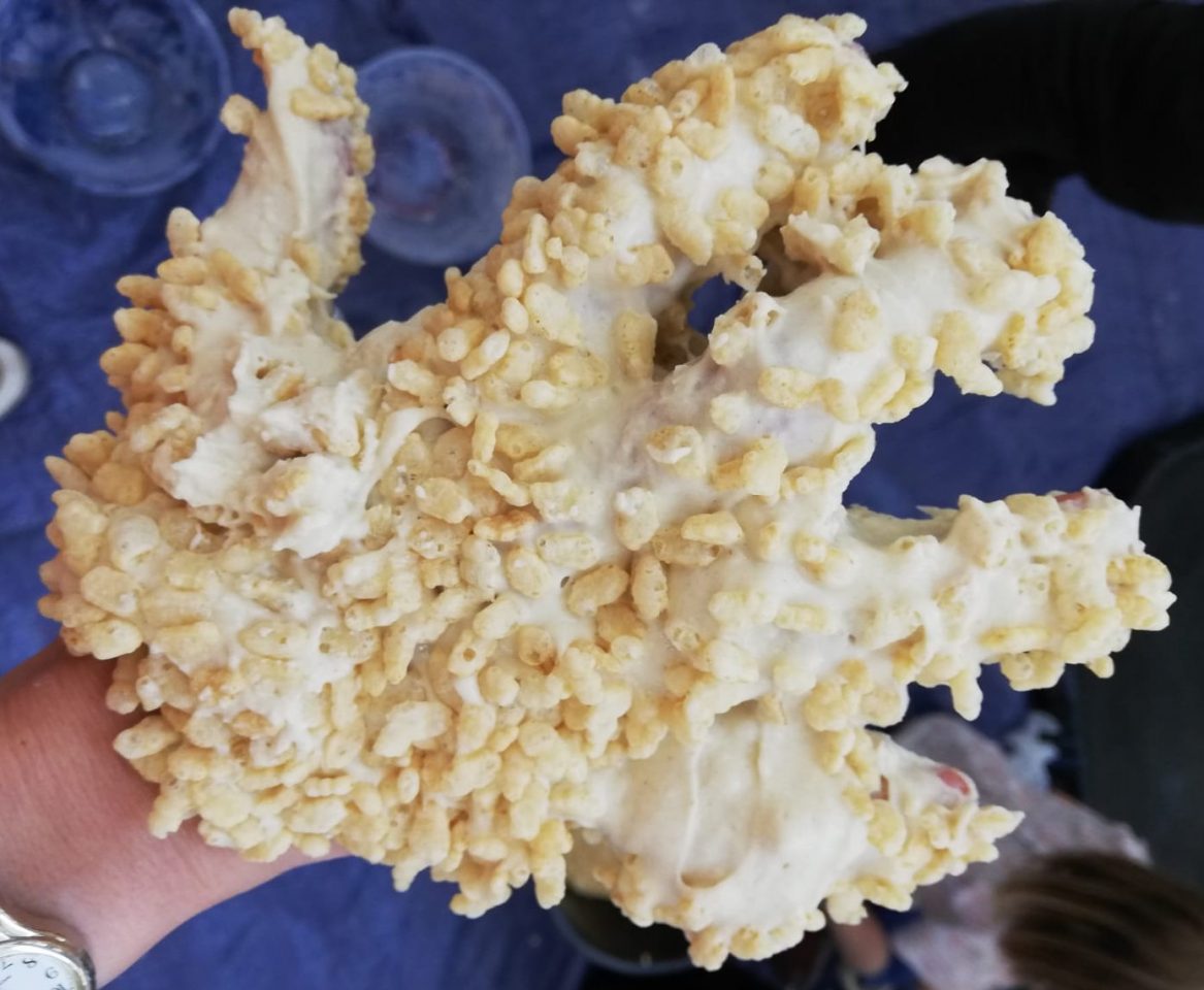 A hand covered in dough and rice crispies, to resemble a sea creature