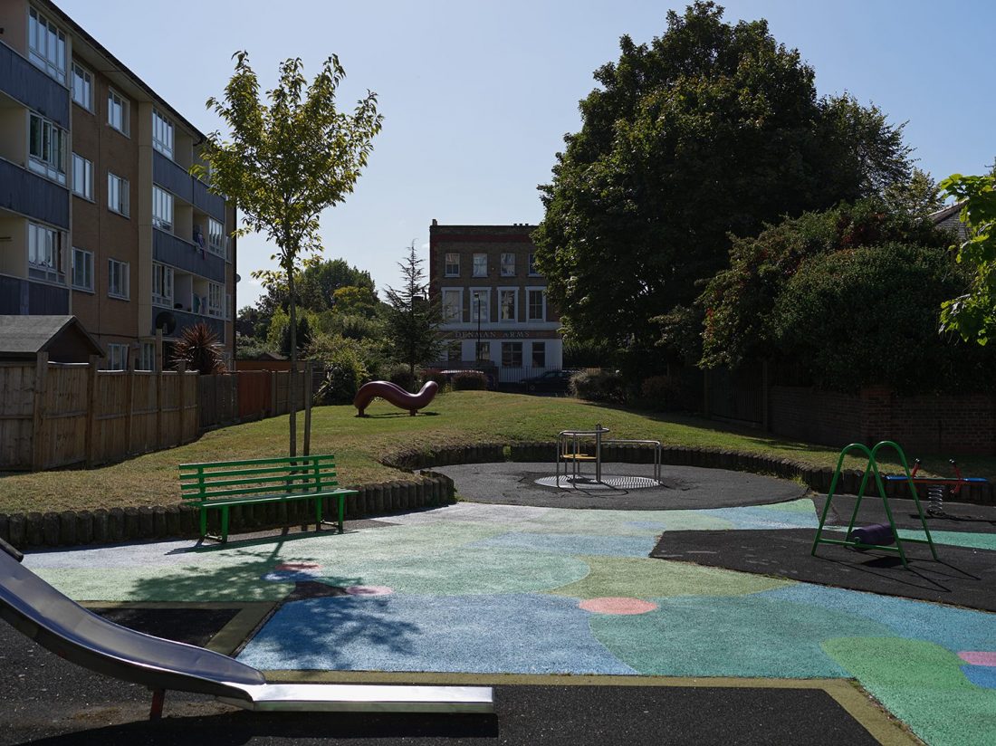 <p>Isamu Noguchi, <em>Play Sculpture</em>, 1975–76. Installation view on Pelican Estate, 2019. Collection of Danh Vo (background). Federico Herrero, <em>Playground</em>, 2016 (foreground). Photo: Nick Ash</p>
