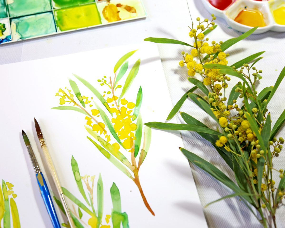 Botanical painting of a branch with yellow flowers