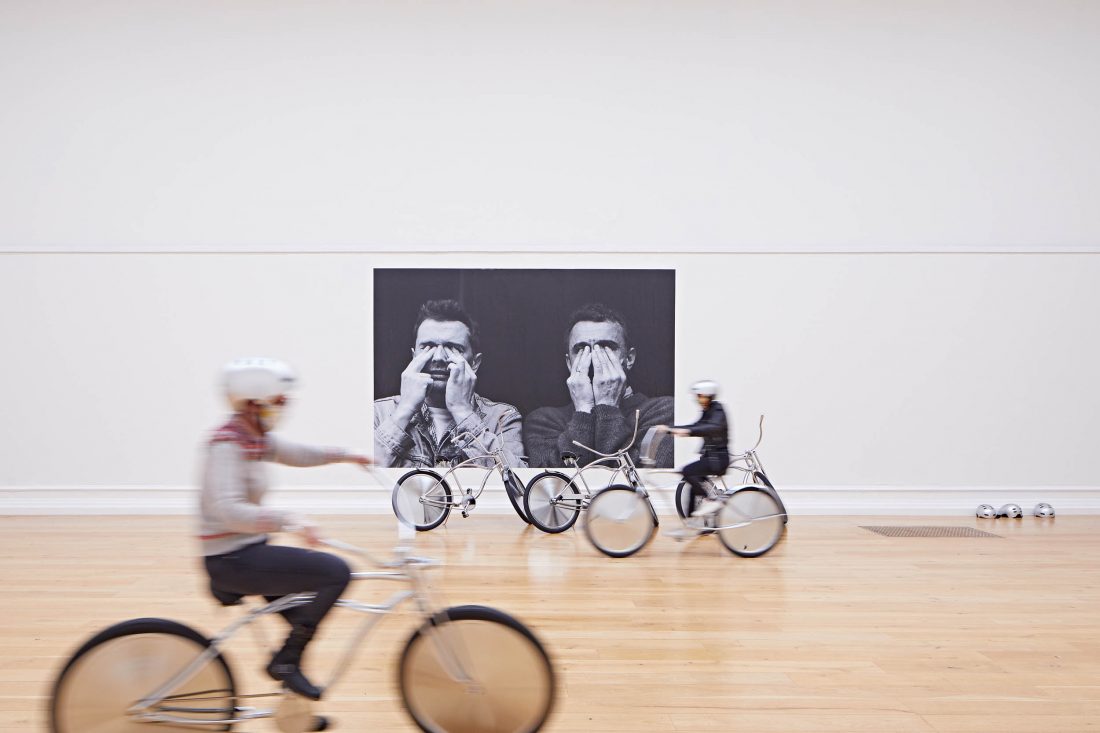 <p>Visitors enjoy <em>Bikes, </em>2001 by Ann Veronica Janssens in the SLG&#8217;s Main Gallery. Photo: Andy Stagg</p>
