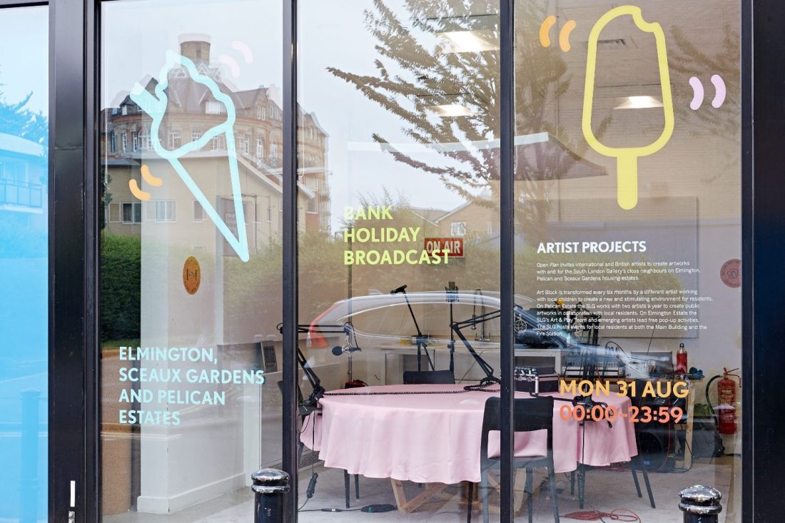 <p>Art Block’s recording studio featuring a vinyl installation designed by Jo Brinton for Bank Holiday Broadcast. Photo Andy Stagg</p>