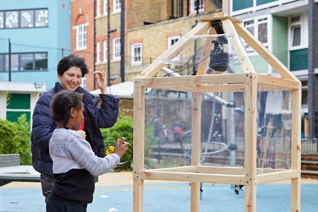 <p>Mai Omer’s workshop Sound Capsule / Sonic Monument on Sceaux Gardens Estate. Photo: Andy Stagg</p>