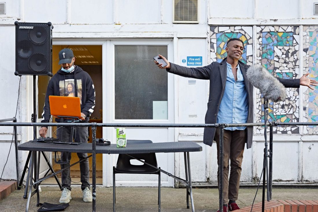 <p>Dario Jade Blake and collaborator Dominic Clementine live DJ set on Pelican Estate. Photo: Andy Stagg</p>