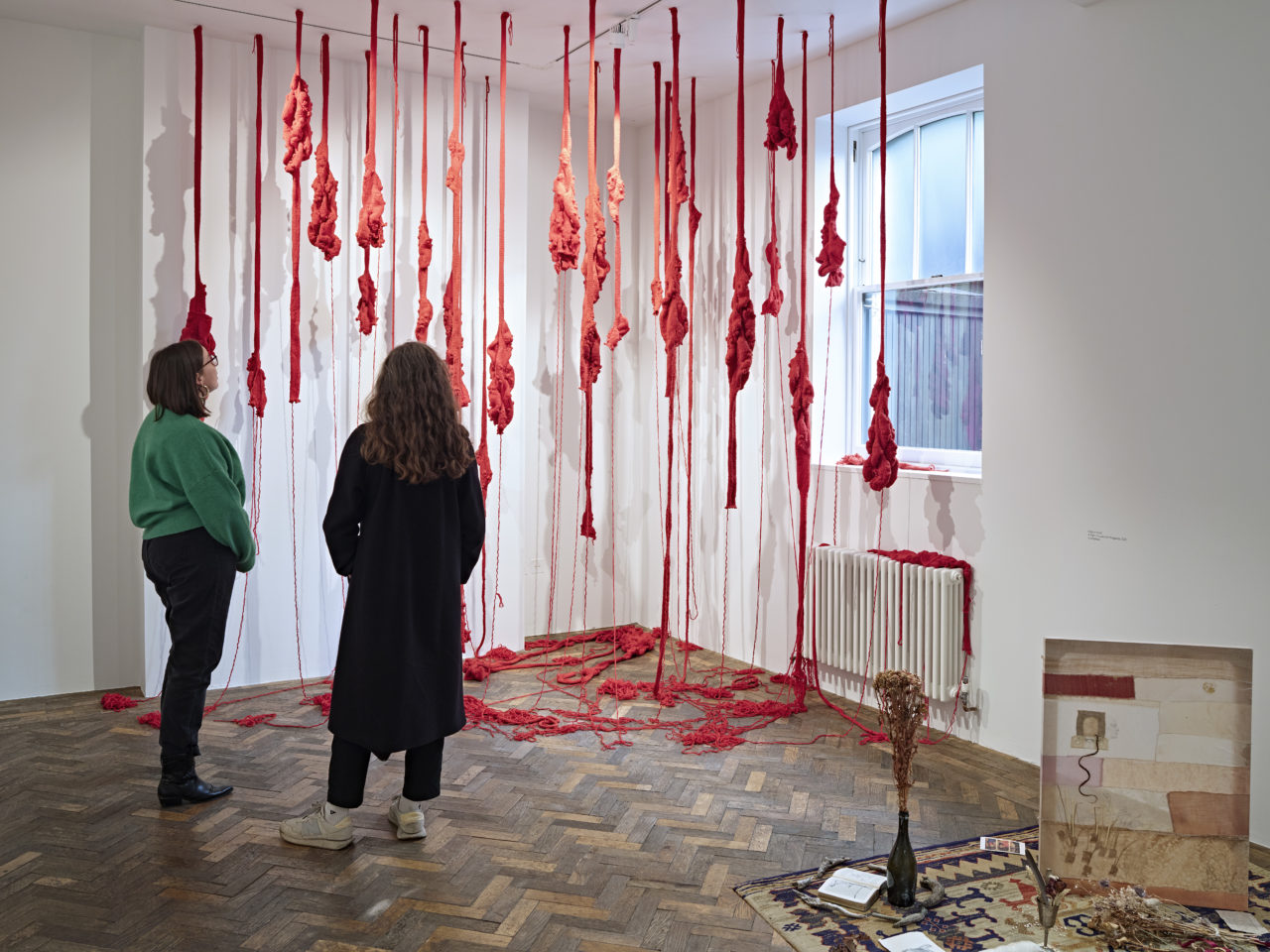 Two people standing in a gallery. They are looking at an installation artwork made from hanging red wool.