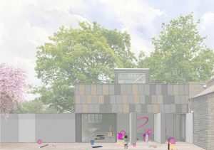 Illustration of the Clore Studio from outside showing hula hoops and balls in action to create the Play space commission