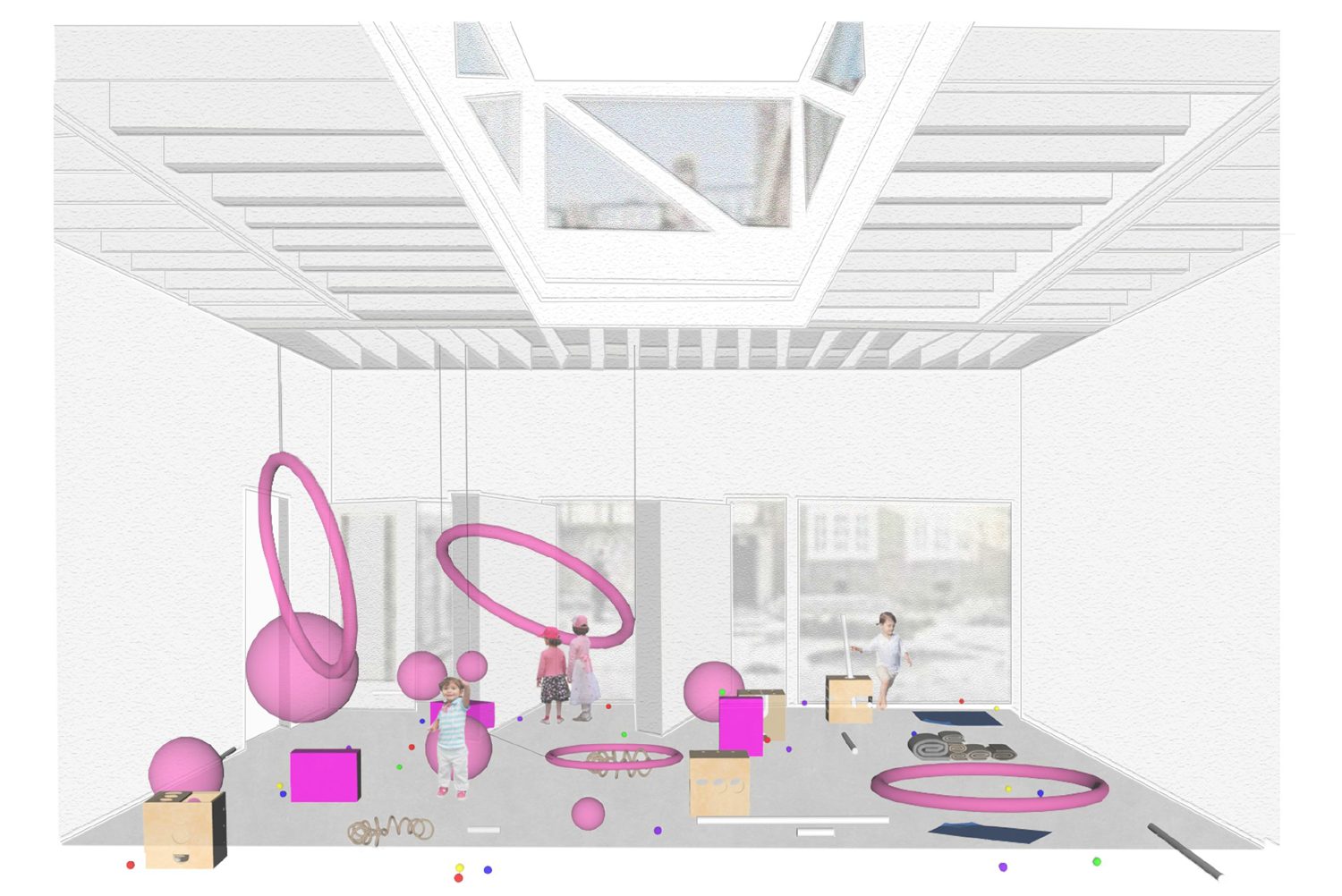 Illustration of the Clore Studio showing suspended hula hoops from the ceiling and balls on the floor to give the impression of a solar system