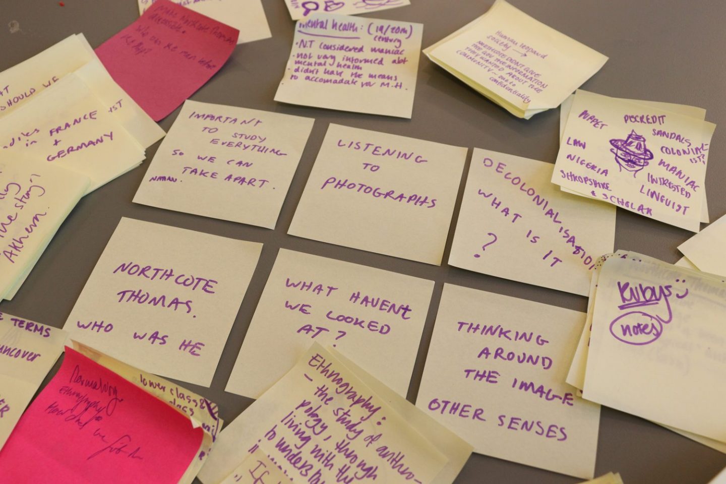 Post it notes with thoughts and observations from a session exploring the Northcote Thomas Archive