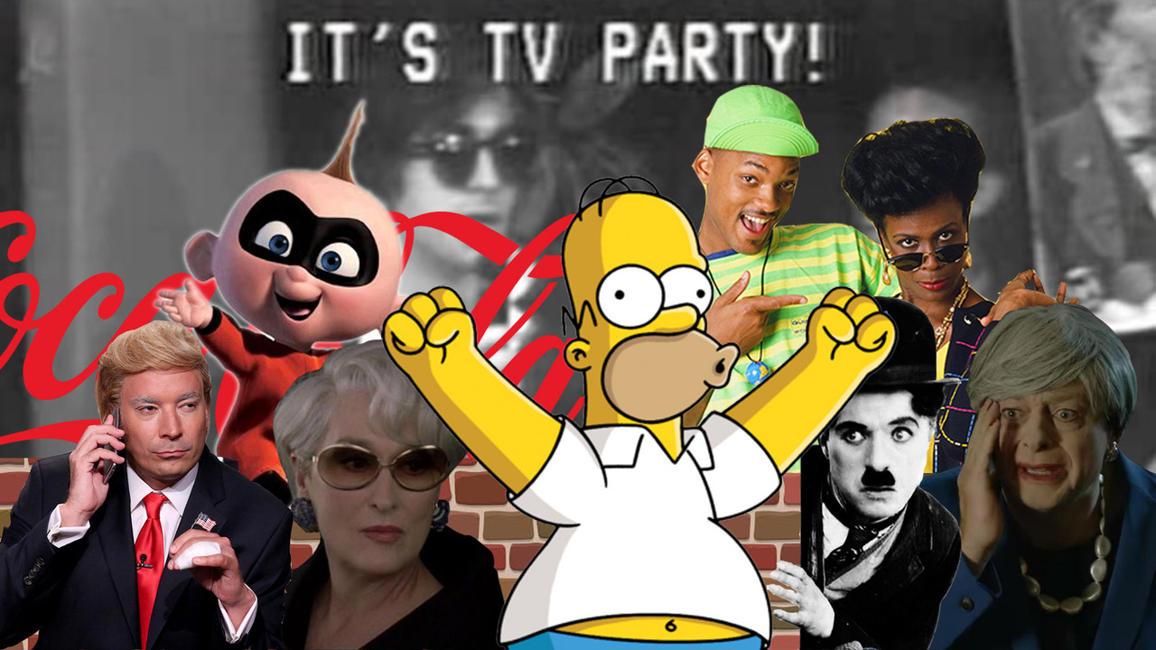 Collage of famous TV characters including Homer Simpson, Jack Jack from The Incredibles, with the words 'It's TV Party!' in the background
