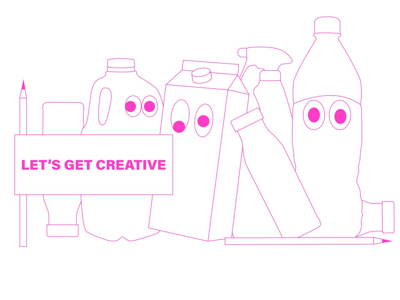 A line drawing of recycling cartons with googley eyes on, with a placard reading 'Let's get creative'
