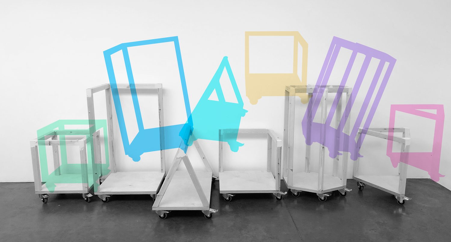 White trolleys with brightly coloured graphics hovering above them