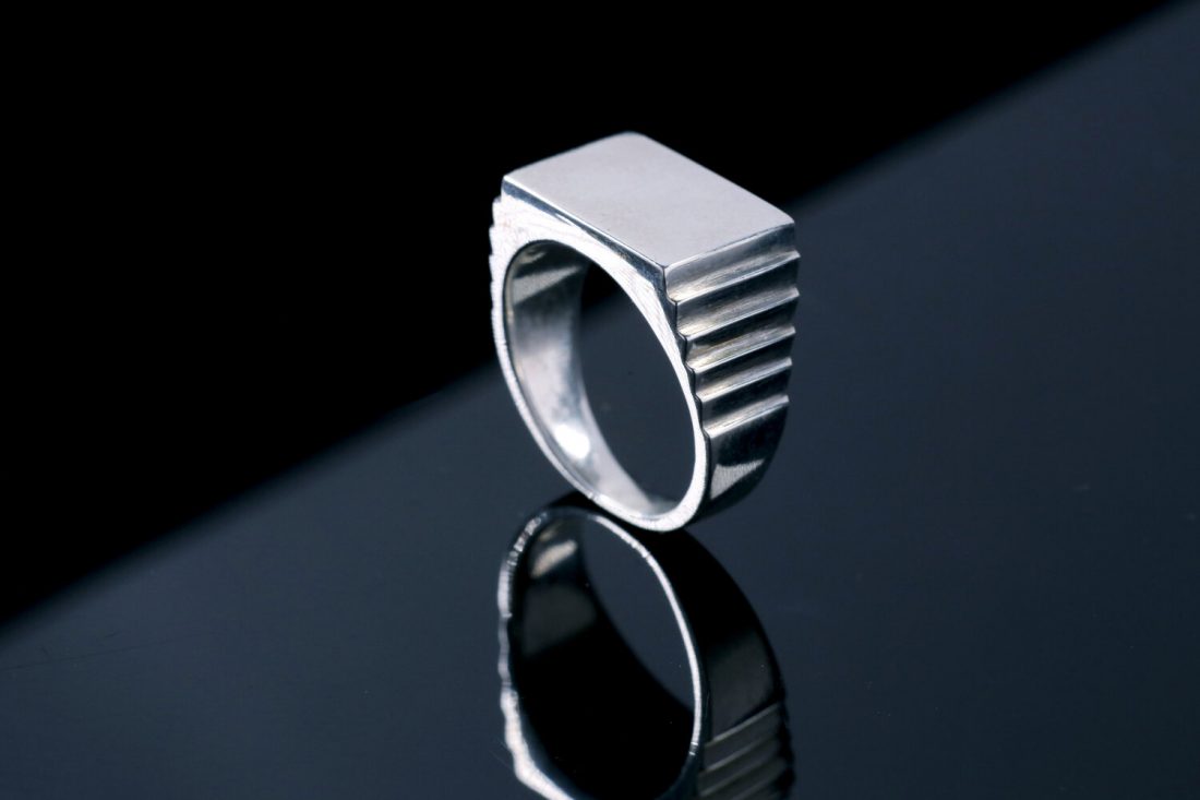 <p>Stepped sterling silver signet ring, Ella Bull</p>
