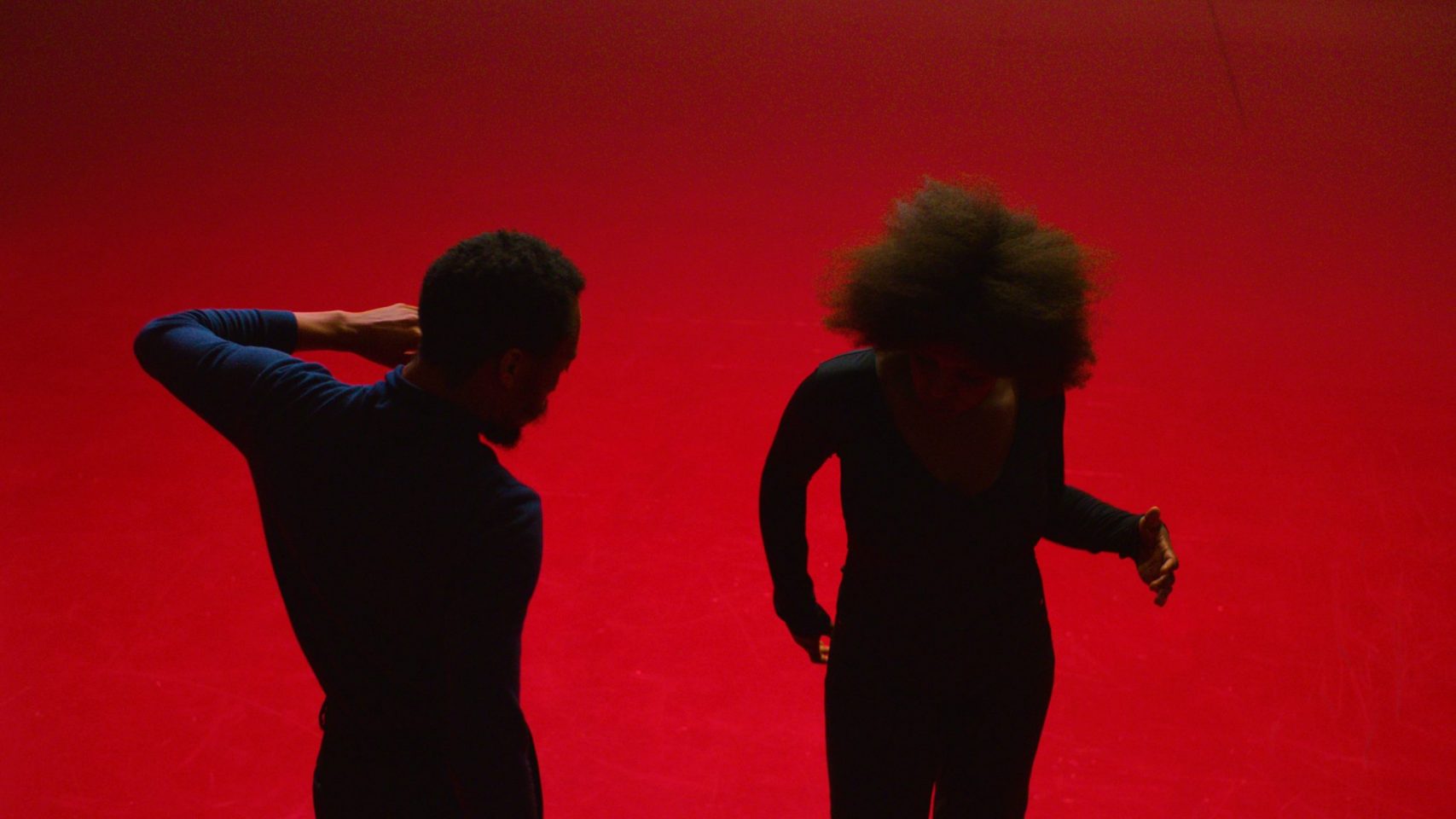 Two silhouetted bodies, dressed in black, dancing against a red backdrop