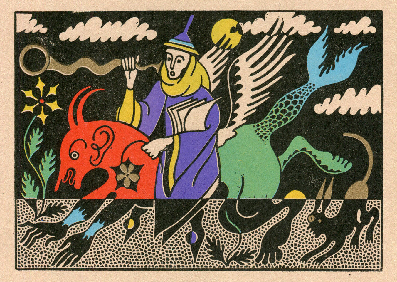 An illustration of a person wearing a purple robe. They are riding a horse. The horse has wings and a fish tail.