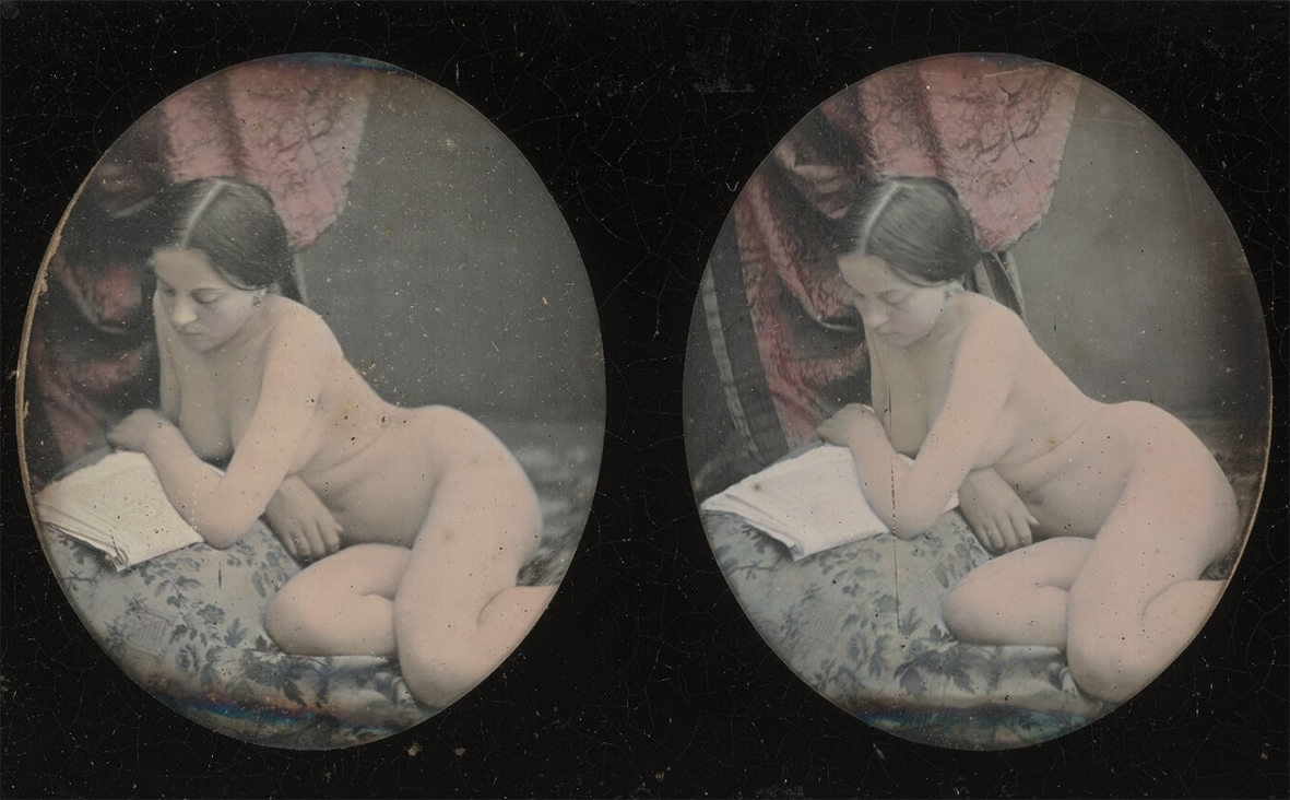 Two identical photos in an oval frame. A nude woman lies on a bed reading.