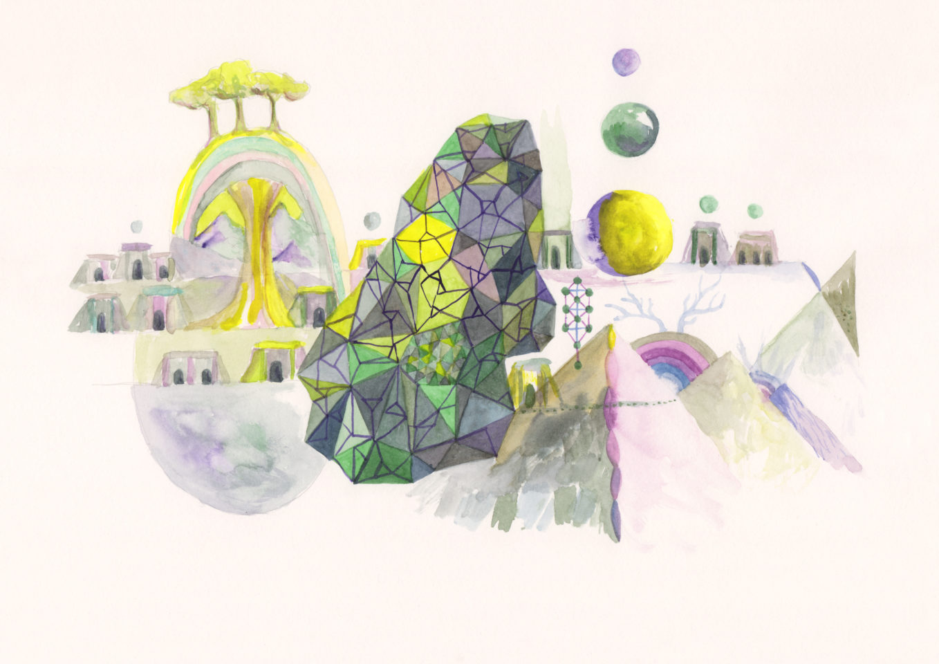 An illustration of green and yellow shapes with stones, buildings, mountains and trees.
