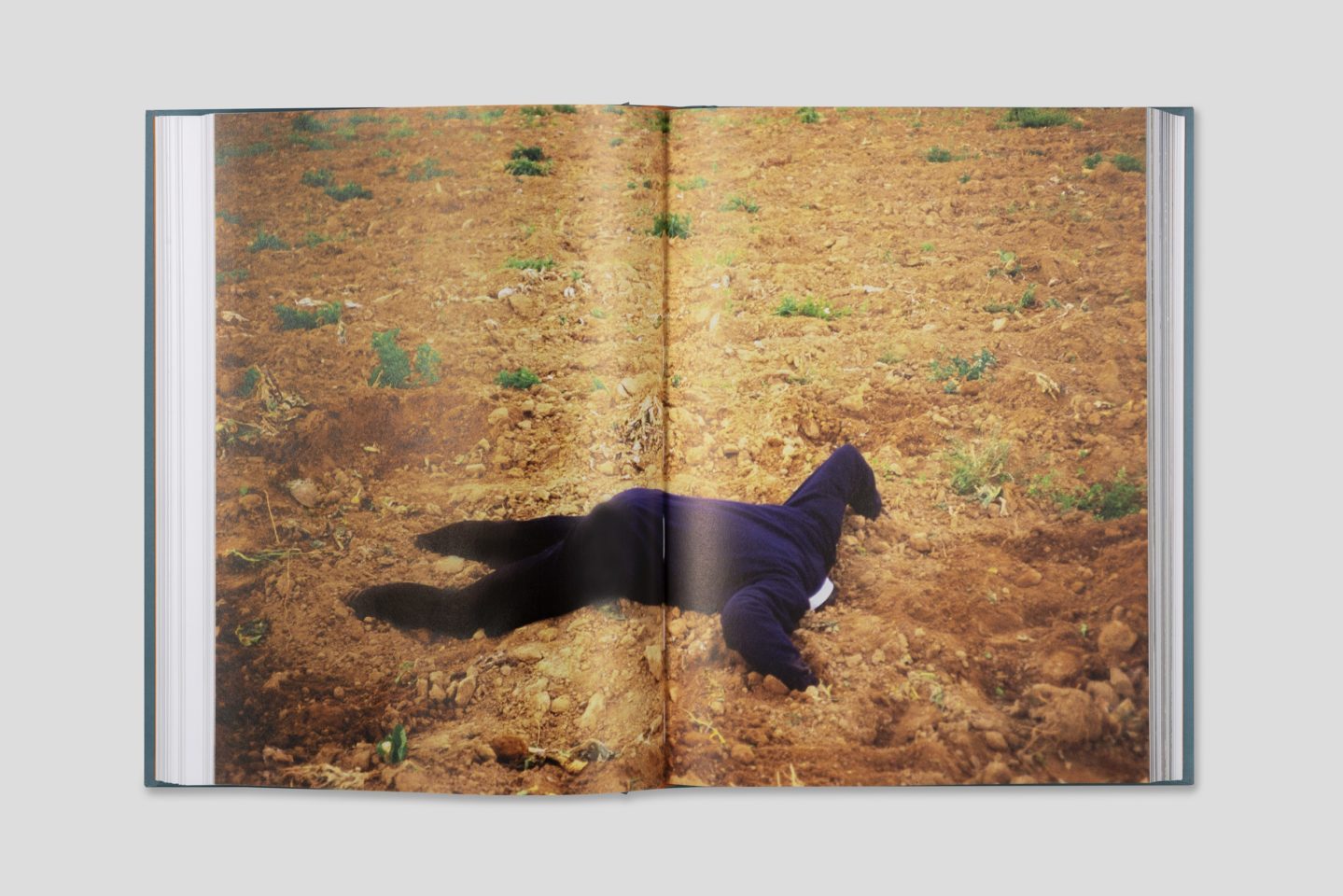 Aphoto of a book lying open on a plain white surface. The pages of the book show an image of a person with their head stuck in a hole in the ground.