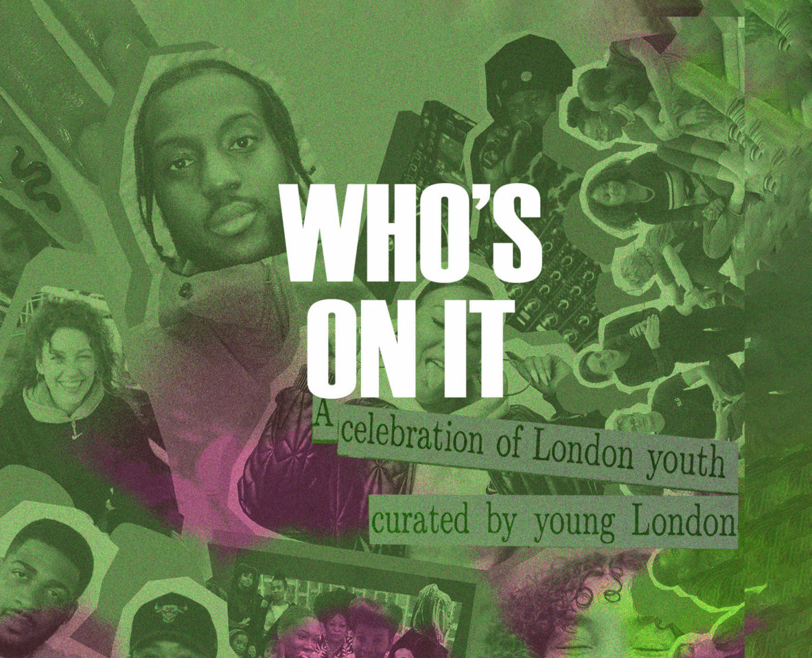 A green and purple graphic with the text 'Who's On It' overlaid. The graphic includes lots of pictures of people layered over each other in a collage.