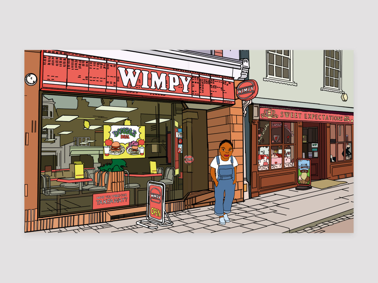 An illustration of a person in dungarees standing outside a Wimpy on a street