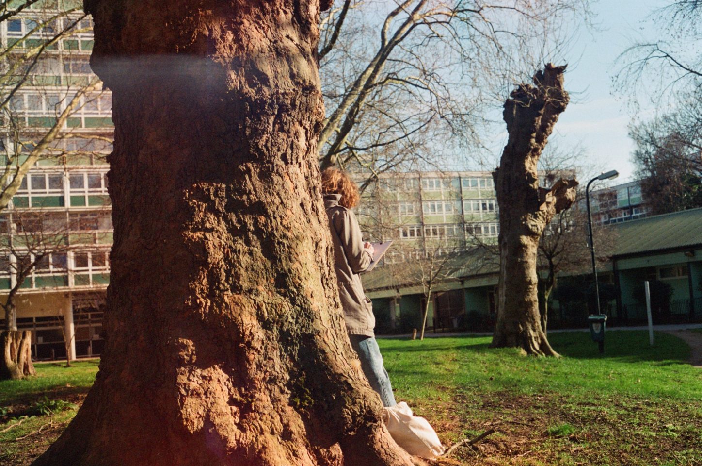 A person writes in a notebook outside. They are standing and leaning against a tree in front of a patch of grass.