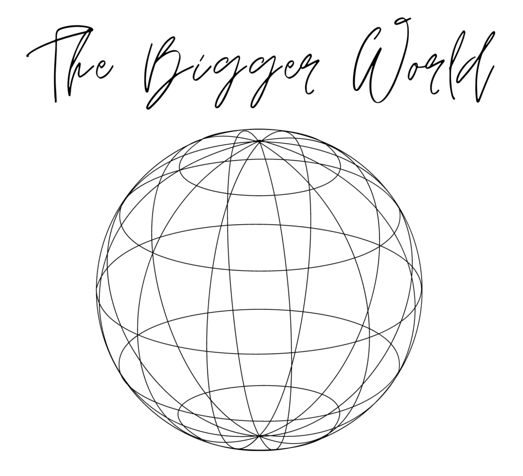 A white graphic image with a sphere. A caption reading The Bigger World is above the sphere.