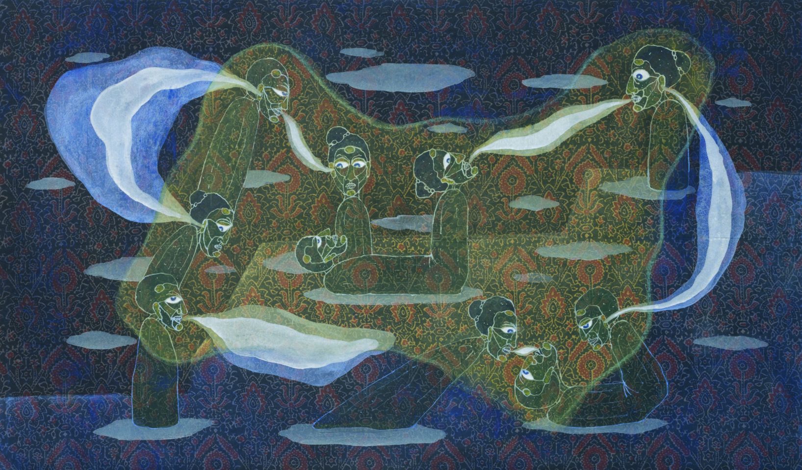 A painting of ten abstract figures on patterned material