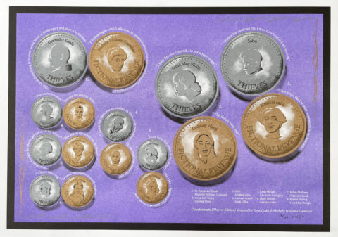 A limited edition artist print by Michelle Williams Gamaker. The background is purple and there are silver and gold coins on it.