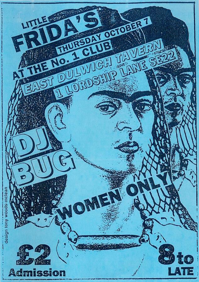 A blue event flyer with a drawing of Frida Kahlo on the front.