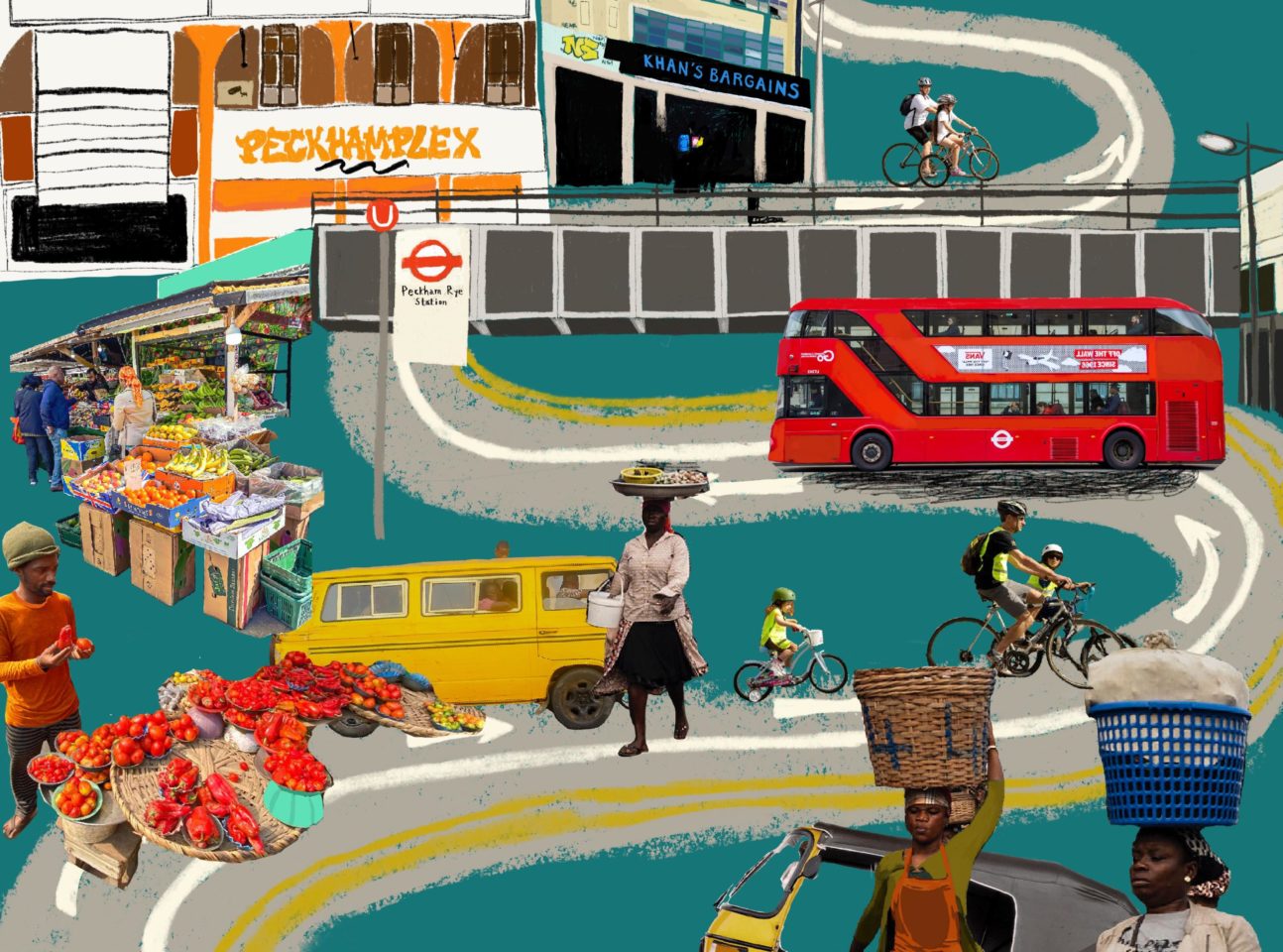 Collage of buses, shop front, illustrations, market stalls and people