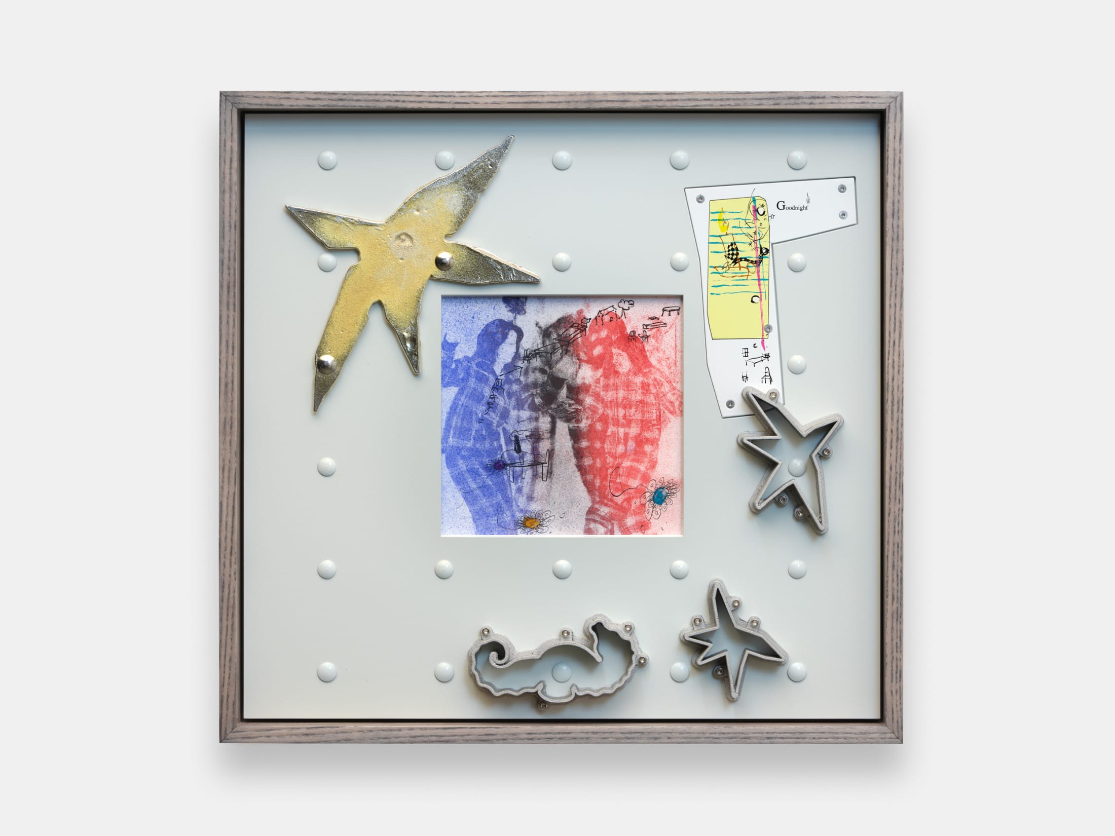 A limited edition created by artist Helen Marten. The artwork is a grey framed square. In the middle is a drawing of women dancing and cookie cutters are placed around this.