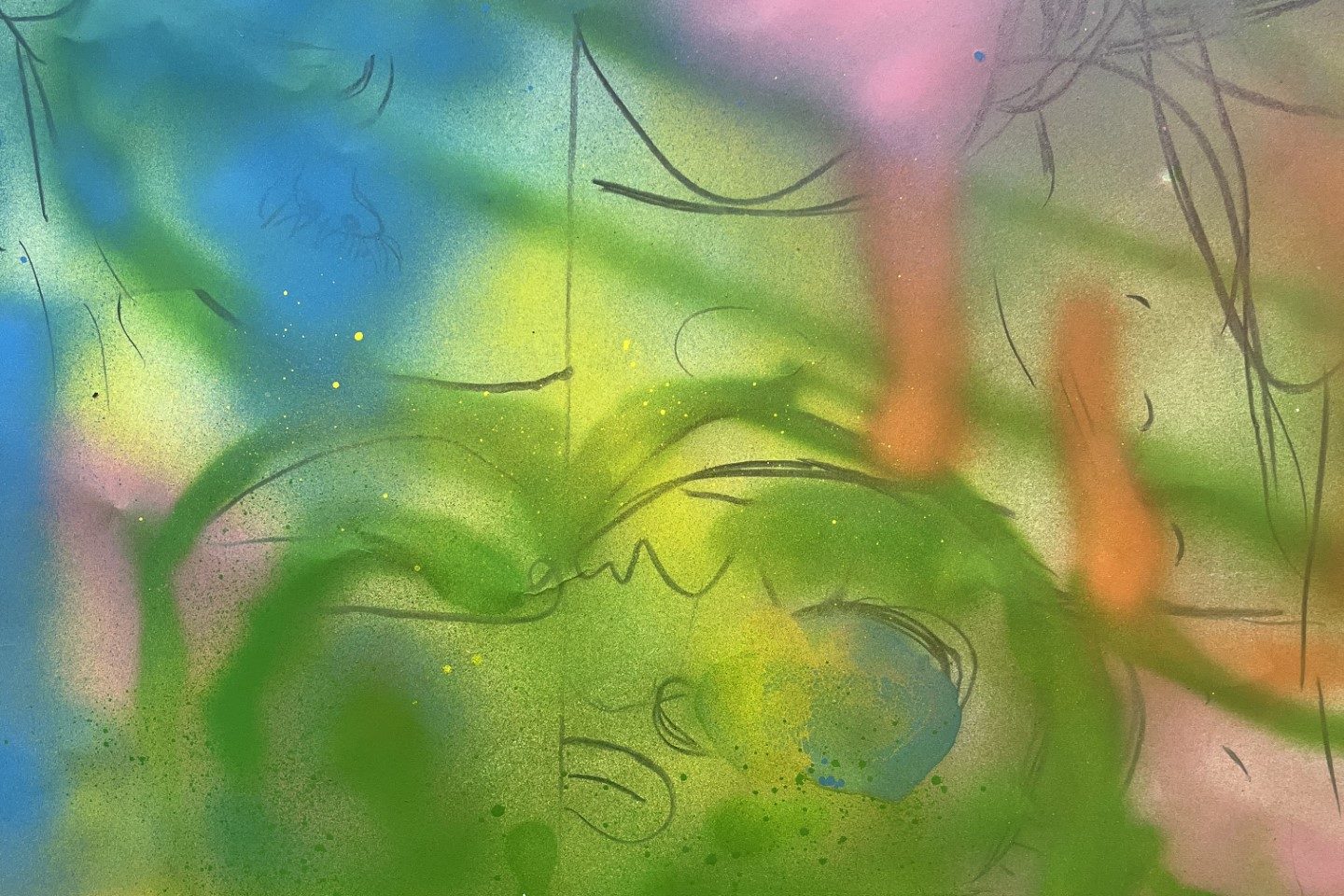 A blue and green and pink sprayed abstract painting.