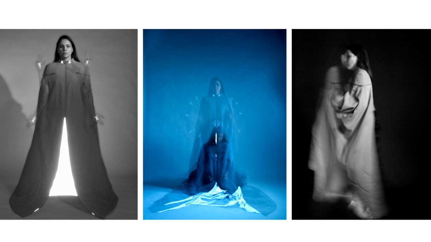 Layered photographs of a woman standing and sitting wearing long draping clothing.