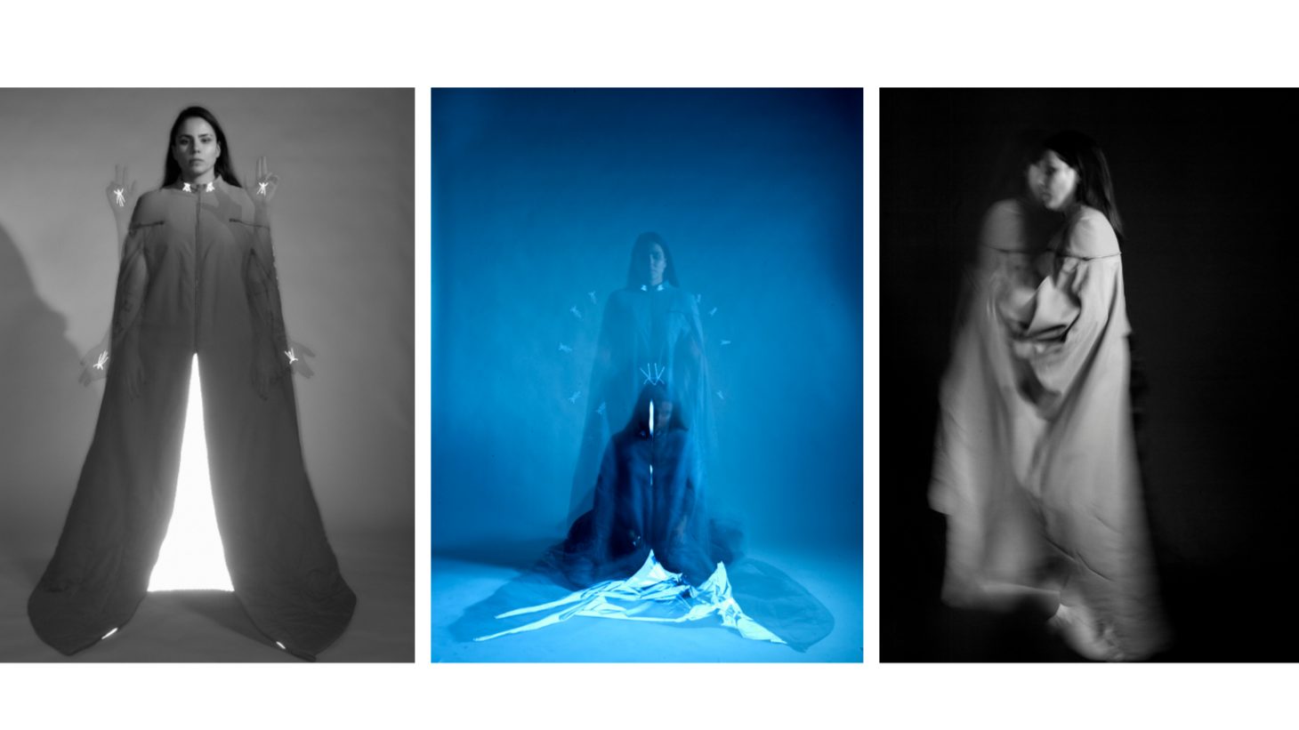 Layered photographs of a woman standing and sitting wearing long draping clothing.