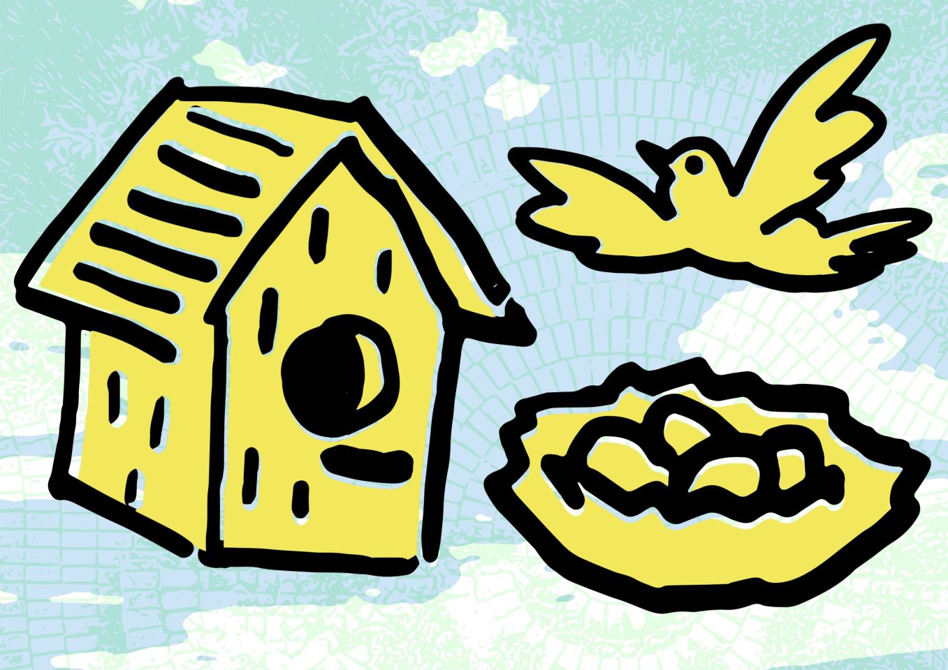 A yellow cartoon drawing of a birdhouse, a bird and a nest in a blue sky