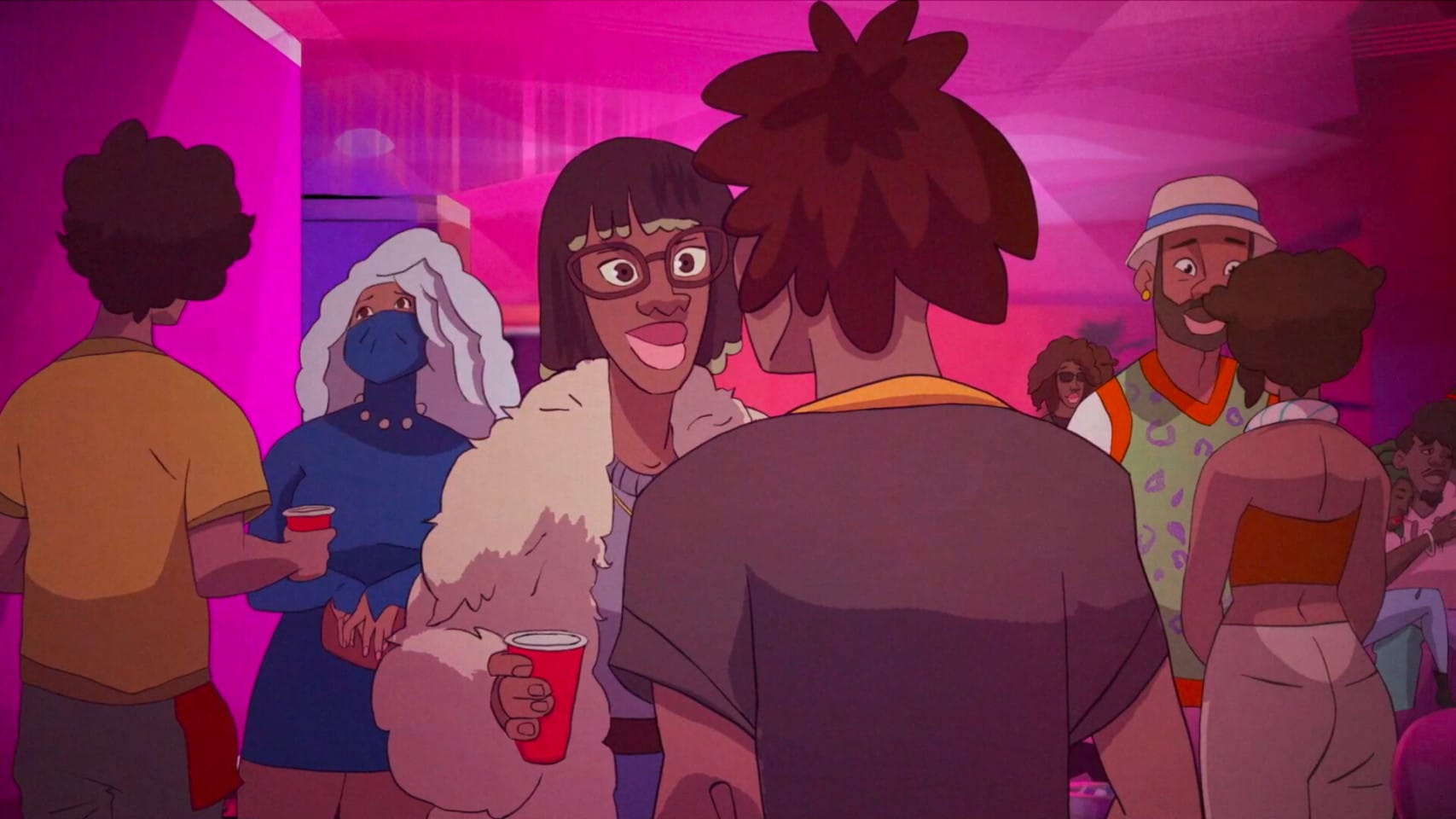 A still from a cartoon film where people sit and stand talking to each other in a busy room.