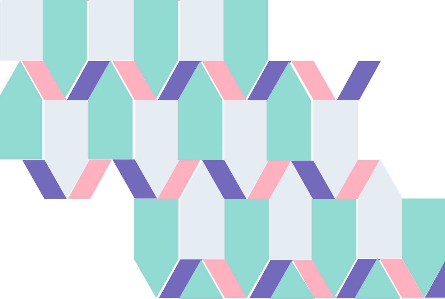 An abstract digital work of art with green, purple and pink shapes making up a pattern.
