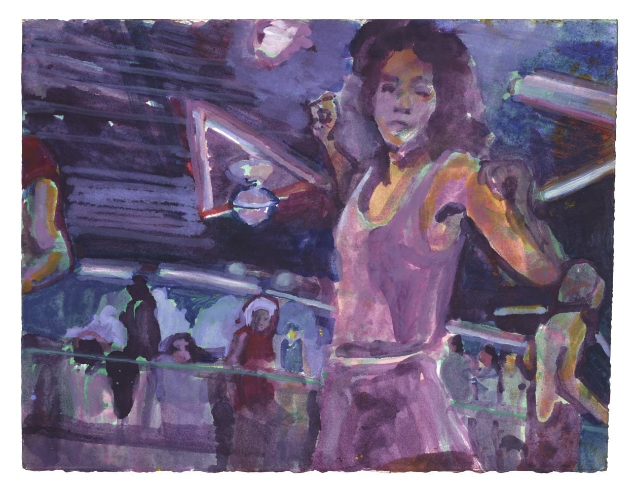 A painting of a woman roller skating.