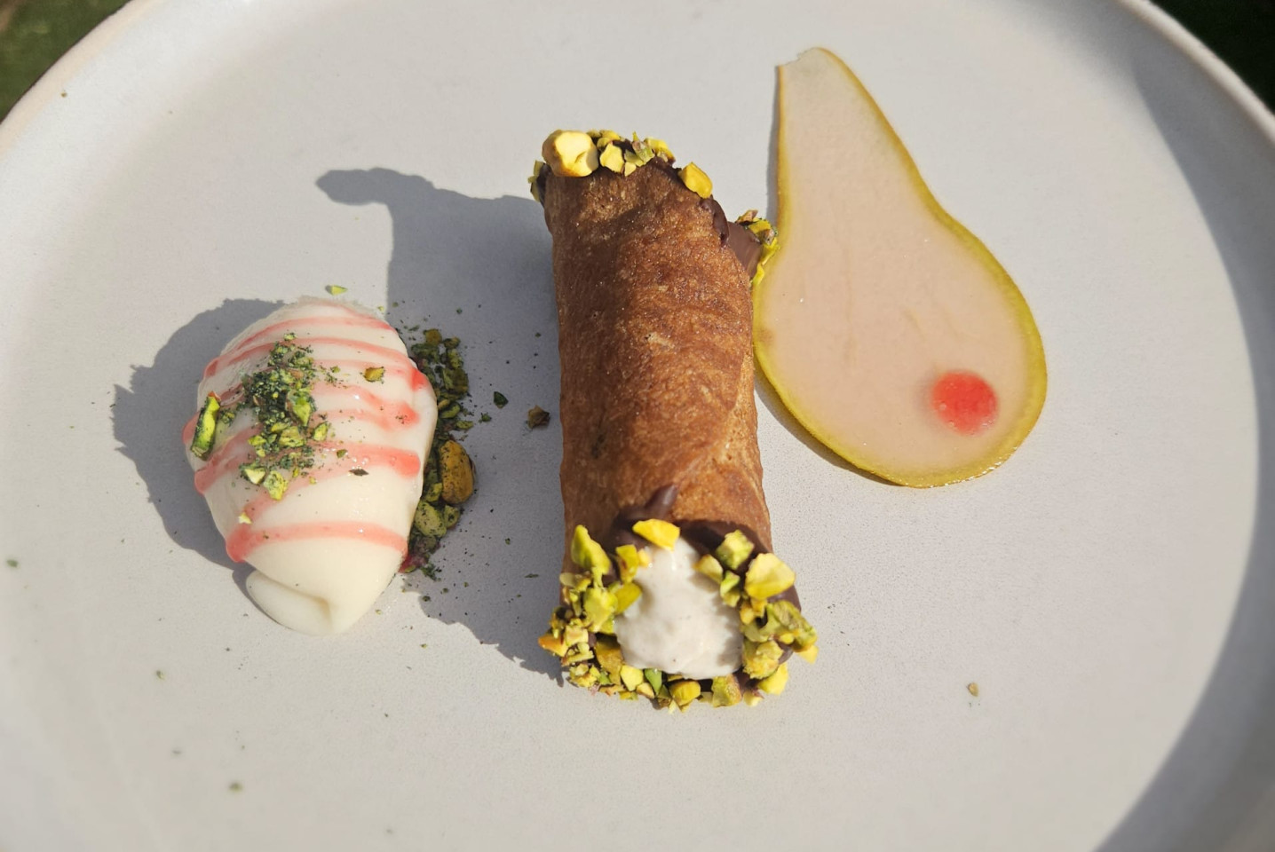 A photo of some food on a plate. The dish includes a cannoli and a pear.
