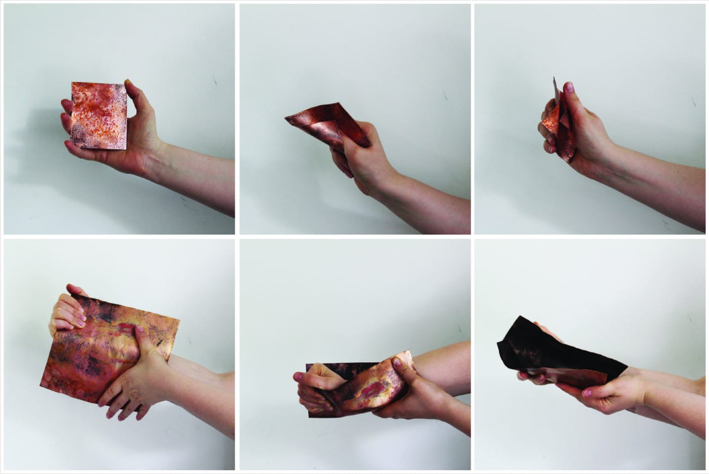 A collage of images of a hand holding and manipulating a sheet of copper.