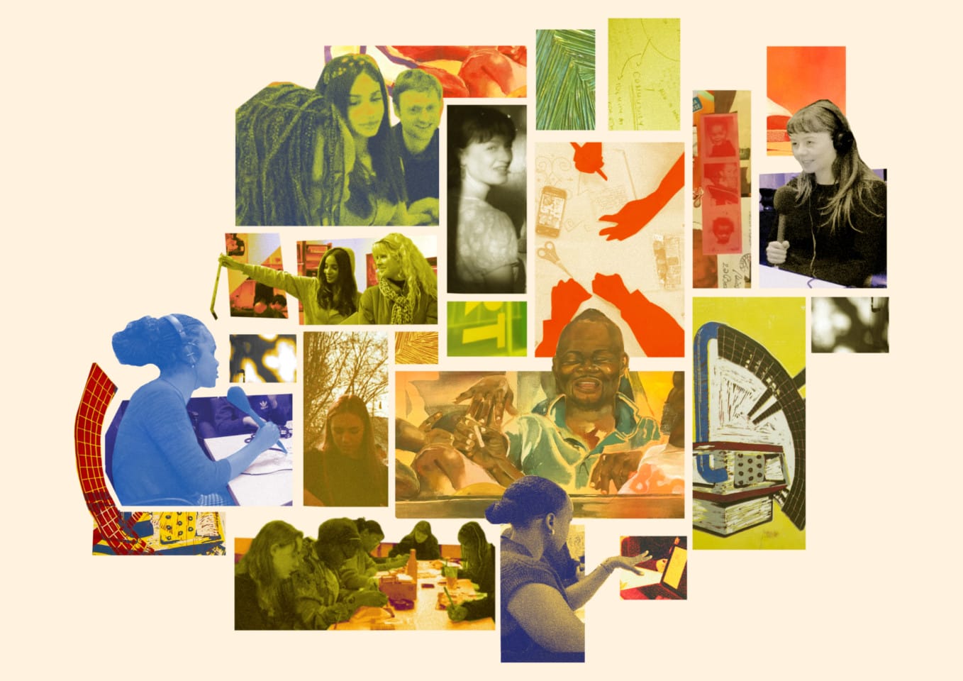 A collage of lots of images of people doing art workshops and artwork. Made by the Art Assassins.